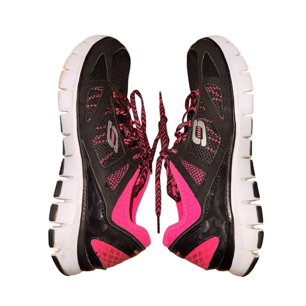 Skechers Skech-Flex Womens 8 Pre-Owned Sneakers Black Pink Mesh Lace Up 12128